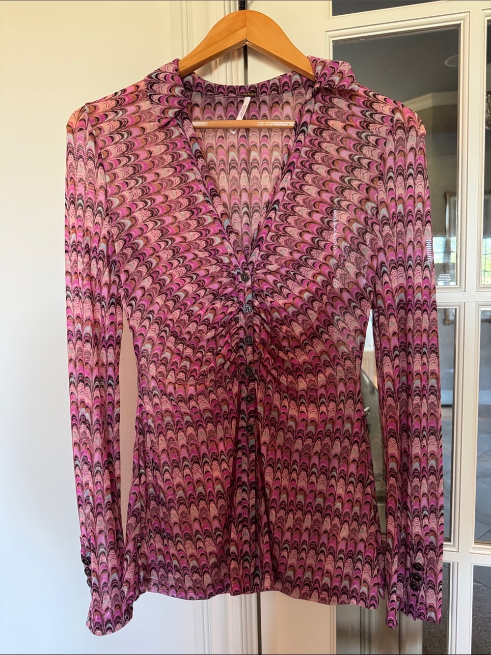 Free People Pink & Black Patterned Button-Down V-Neck Top